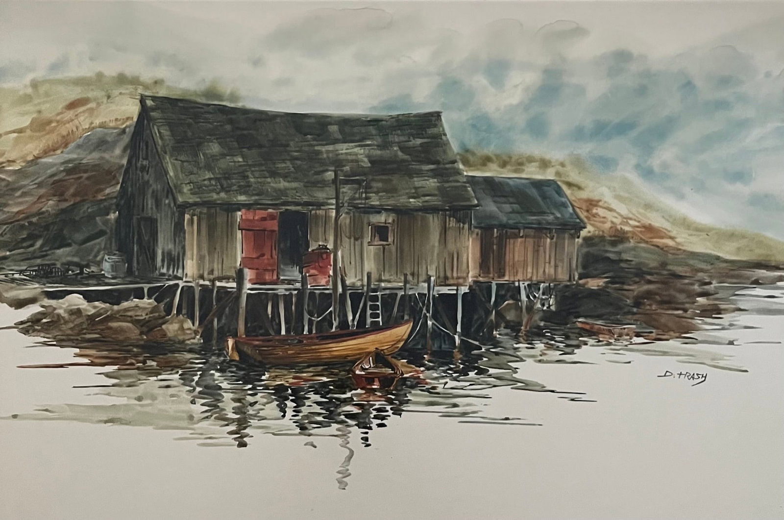 Dox Thrash (1893 - 1965) Canada/American: Dox Thrash (1893 - 1965) Watercolor on paper, signed lower right, measures 18.5 x 24 and 26.5 x 32.5 inches w/frame. ( Philadelphia Private Collection ) Dox Thrash is known for Rural landscape and soc