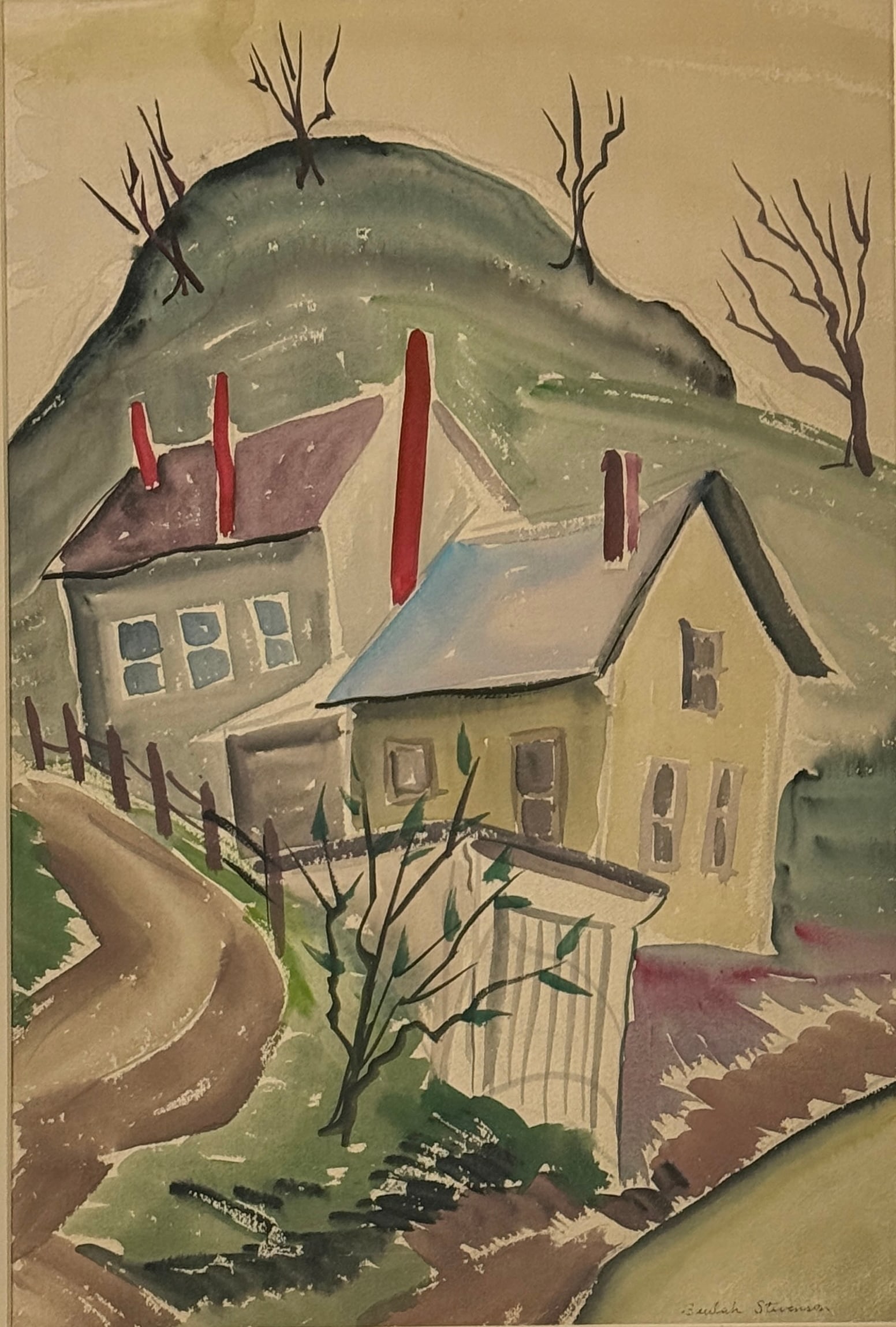 Beulah (Elsie Sloan) Stevenson (1890/97 - 1965) American: Beulah (Elsie Sloan) Stevenson (1890/97 - 1965) Watercolor on paper, signed lower right, measures 18.5 x 12.5 and 24 x 18 inches w/frame.Beulah Stevenson was born 1895 in Brooklyn Heights, New York wh