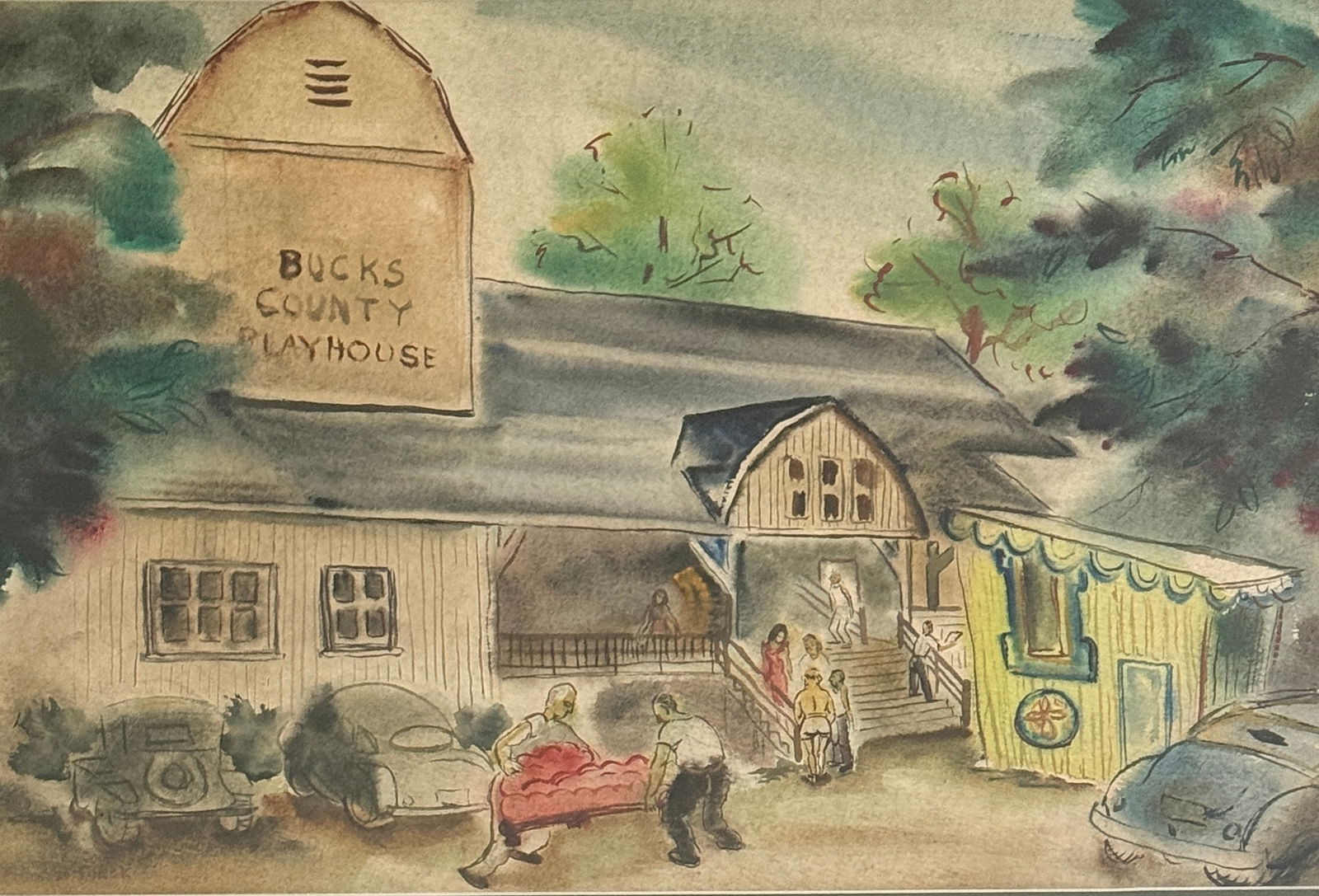 Hazel Finck (1894 - 1977) "Bucks County Playhouse": Hazel Finck (1894 - 1977) Watercolor on paper, signed lower left, measures 13 x 19 and 19 x 25 inches w/frame