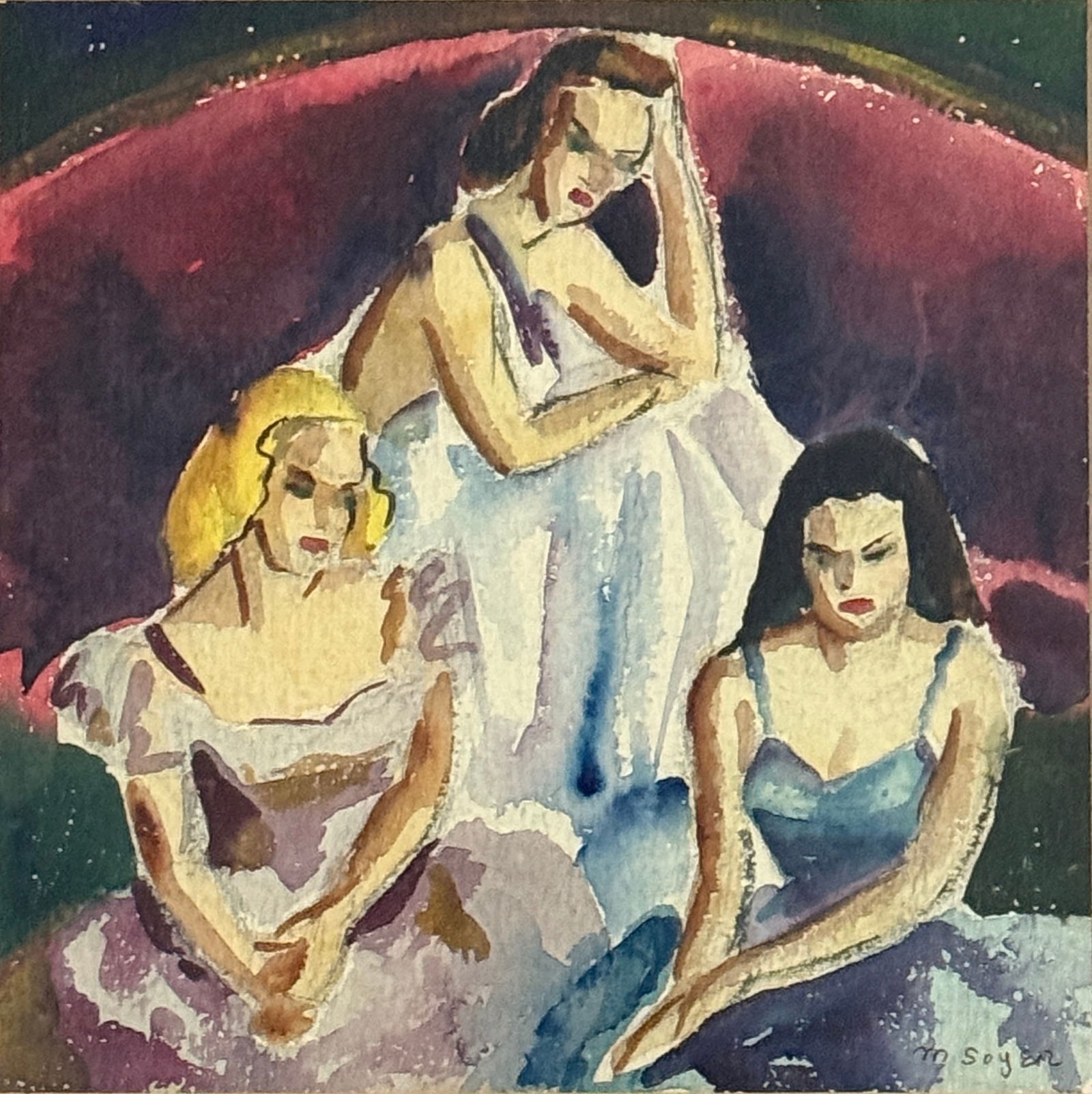 Moses Soyer (1899 - 1974) American: Moses Soyer (1899 - 1974) Watercolor on paper, signed lower right, measures 8 x 7.5 and 10.5 x 10.5 inches w/frame.