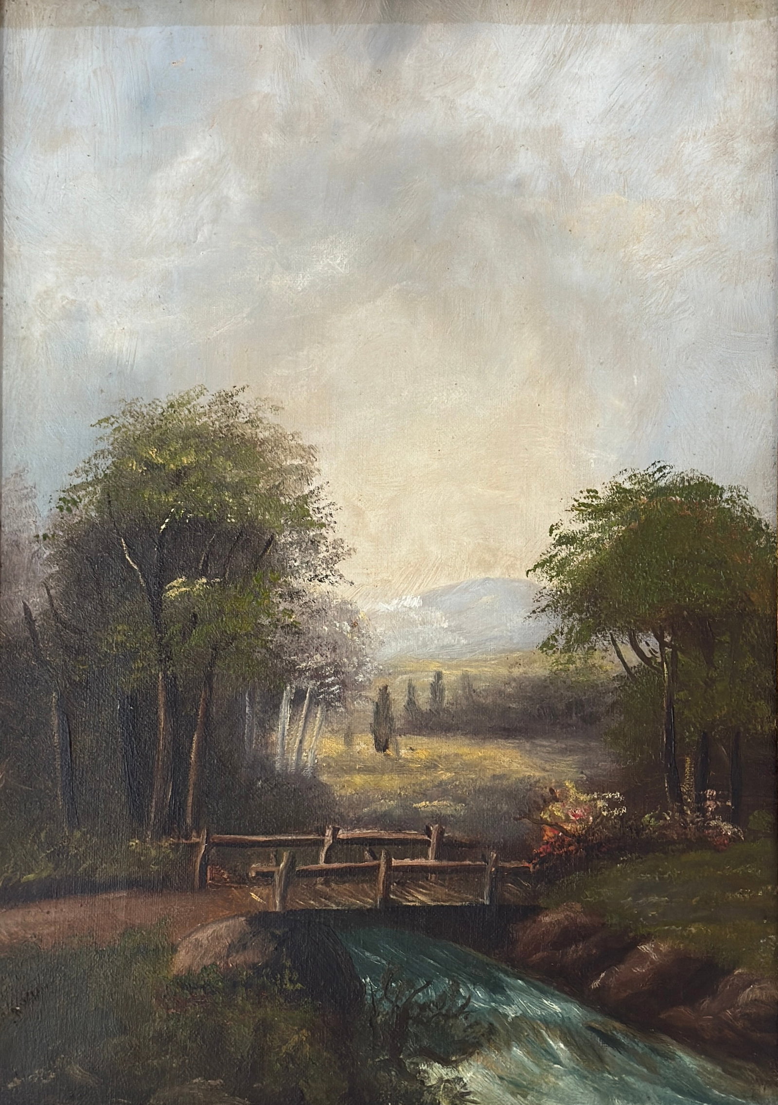 Hudson River School Painting: Hudson River School, Oil on canvas, measures 14 x 10 and 18 x 14 inches w/frame.