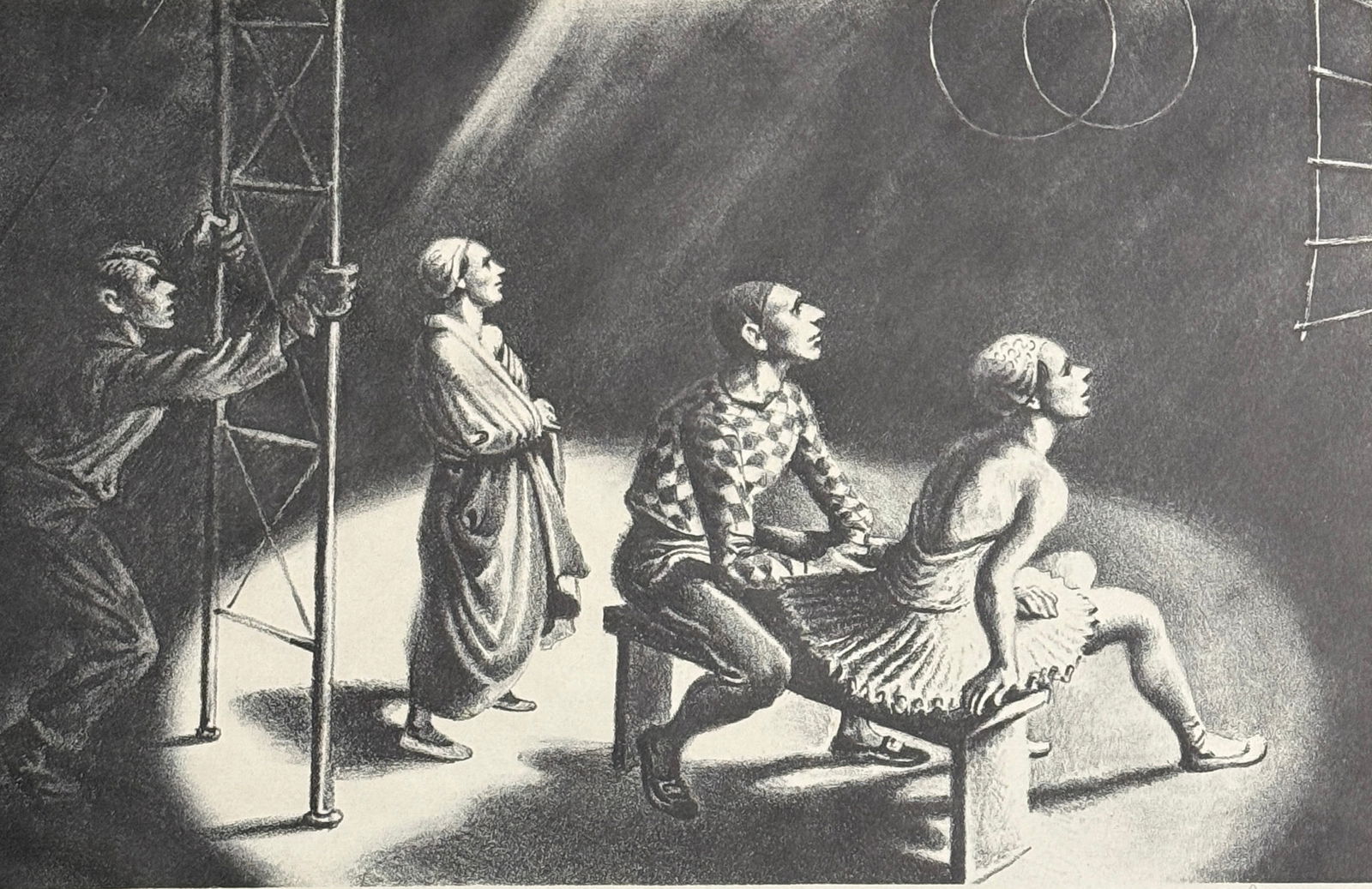 Georges L. Schreiber (1904 - 1977) "WITHOUT A NET": Georges L. Schreiber (1904 - 1977) "WITHOUT A NET" Signed Original Lithograph, Briefly concerning the artist—Georges Schreiber, born in Belgium, spent his childhood there during the first World War,