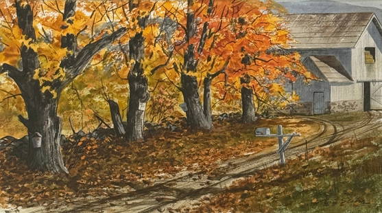 Eric Sloane (1905/10 - 1985) American: Eric Sloane (1905/10 - 1985) Watercolor on paper, signed lower right, measures 8 x 14 and 14.5 x 20 inches w/frame. Eric Sloane was born, Everard Jean Hinrichs, on February 27, 1905 in New York City t