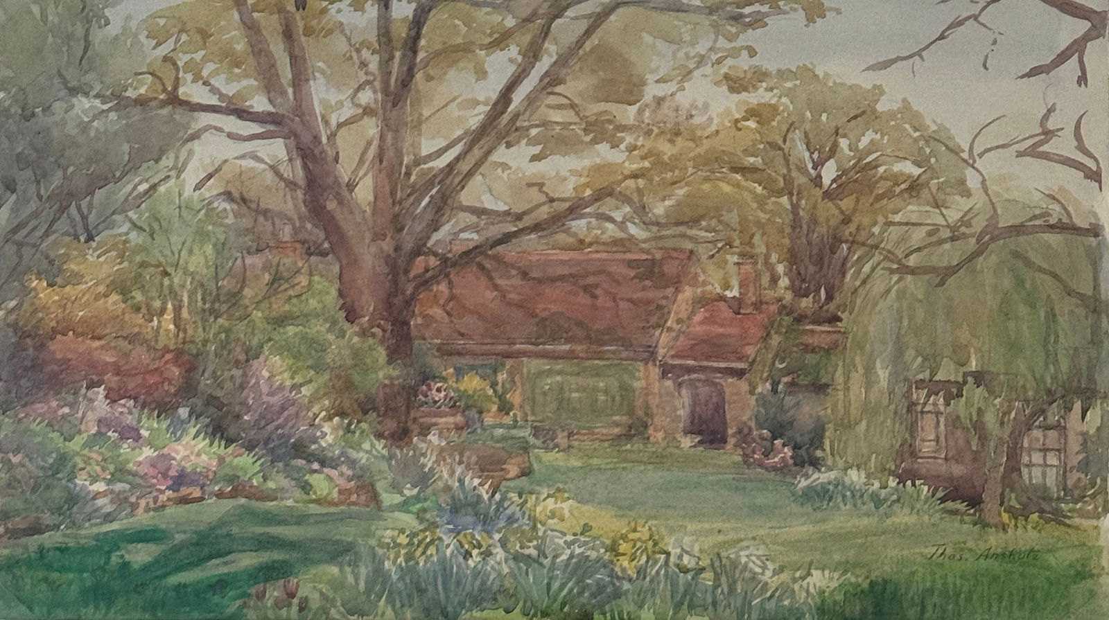 Thomas Pollack Anshutz (1851 - 1912) American: Thomas Pollack Anshutz (1851 - 1912) Watercolor on paper, signed lower right, measures 8 x 14 and 15 x 21 inches w/frame. A native of Newport, Kentucky, Thomas Anshutz was known primarily for his pain