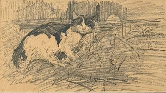 Theophile Alexandre Steinlen (1859 - 1923) France: A sketch of a black and white cat prowling in the tall, unkept grass of a garden. Date: circa 1901. Measures 5 x 9 and 9 x 12 inches w/frame.