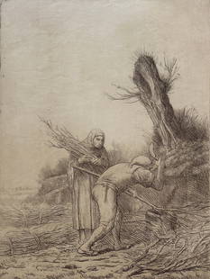 Alphonse Legros (1837 - 1911) "Les Faiseurs de Fagots": Alphonse Legros (1837 - 1911) Les Faiseurs de Fagots,Etching on laid japon paper. Very rare according to the Bliss catalog (an impression of this state can be found in the Princeton University Art Mus