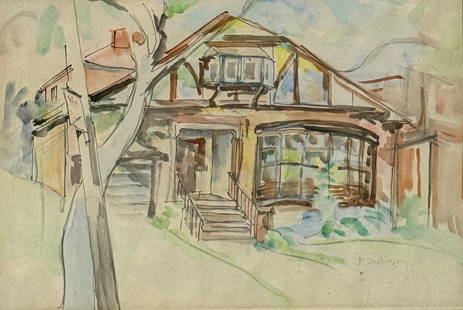 Preston Dickinson (1891 - 1930) American: Preston Dickinson (1891 - 1930) Mixed Media, signed lower right, measures 9 x 13 and 15 x 19 inches w/frame. Known for his Precisionist style of painting depicting architectural subjects, especially i