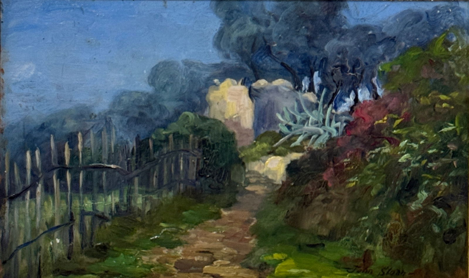 John French Sloan (1871 - 1951) Blue Garden: John French Sloan (1871 - 1951) Oil on board, signed lower right, measures 6 x 10 and 11 x 15 inches w/frame. Born in Lock Haven, Pennsylvania, John Sloan became one of the major early 20th- century f