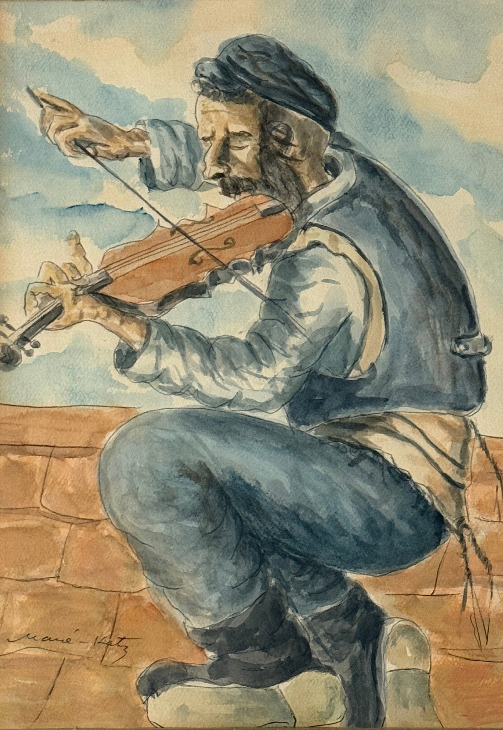 Mane Katz (1894 - 1962) American/Russian Federation: Mane Katz (1894 - 1962) Watercolor on paper, signed lower left, measures 13 x 9.5 and 11.5 x 14 inches w/frame.Raised in an orthodox Jewish family in Russia, Mane-Katz was born in the Ukraine and beca