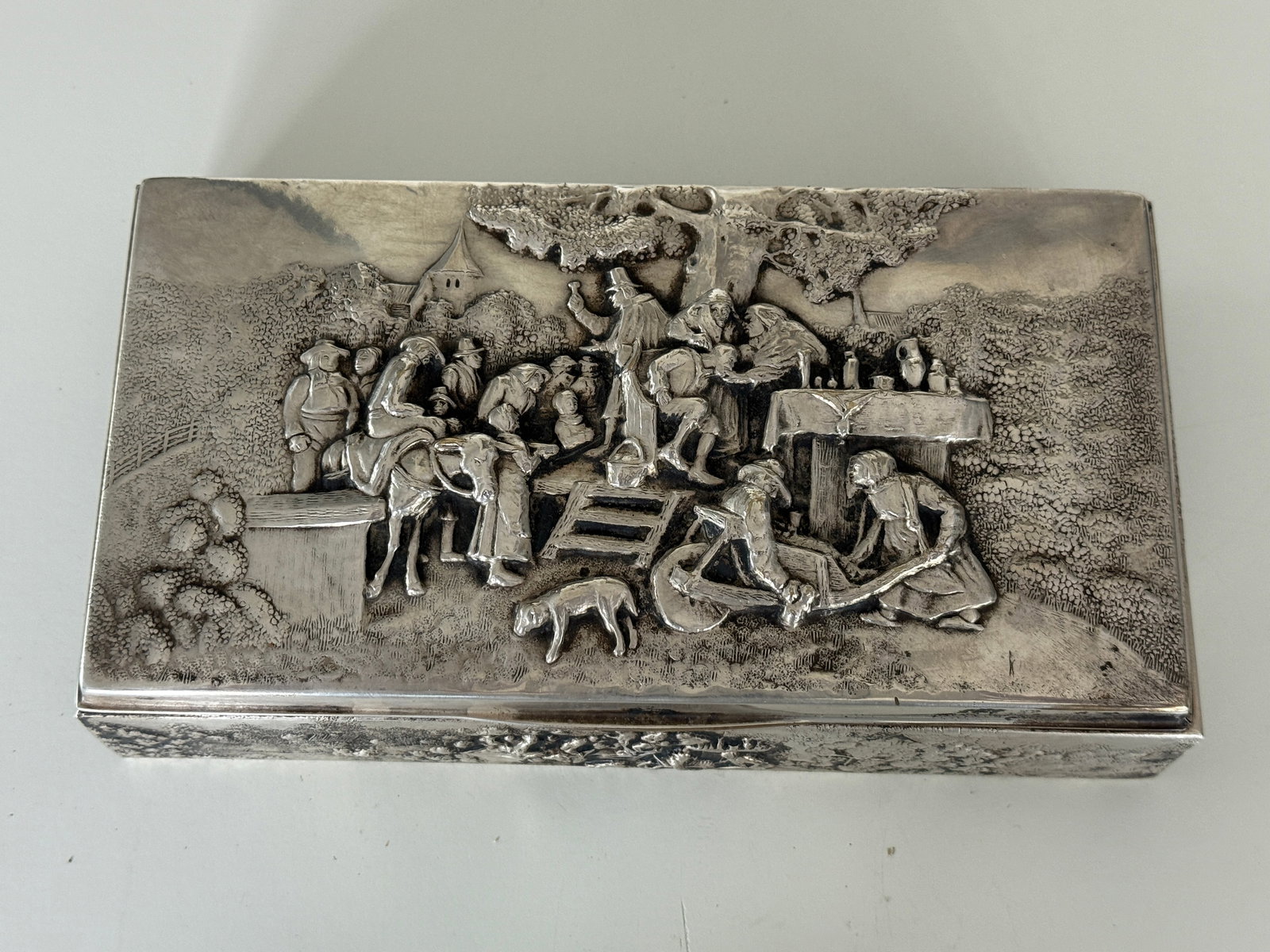 Antique Dutch Silverplate Jewelry Box / “The Quack” by Jan Steen / 1920s ZILPA 90 /Embossed: Antique Dutch Silverplate Jewelry Box / “The Quack” by Jan Steen / 1920s ZILPA 90 /Embossed Box with Dutch Painting Scene TOtal Weight 412 grams.