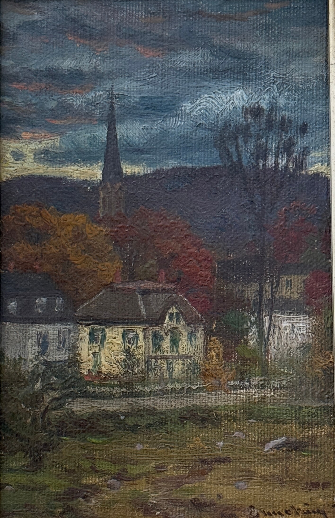 John Joseph Enneking (1841 - 1916) American: John Joseph Enneking (1841 - 1916) Oil on canvasboard, signed lower right, measures 6.5 x 4 and 9.5 x 8.5 x 2.5 inches w/frame. One of New England's prominent landscape artists of the late nineteenth