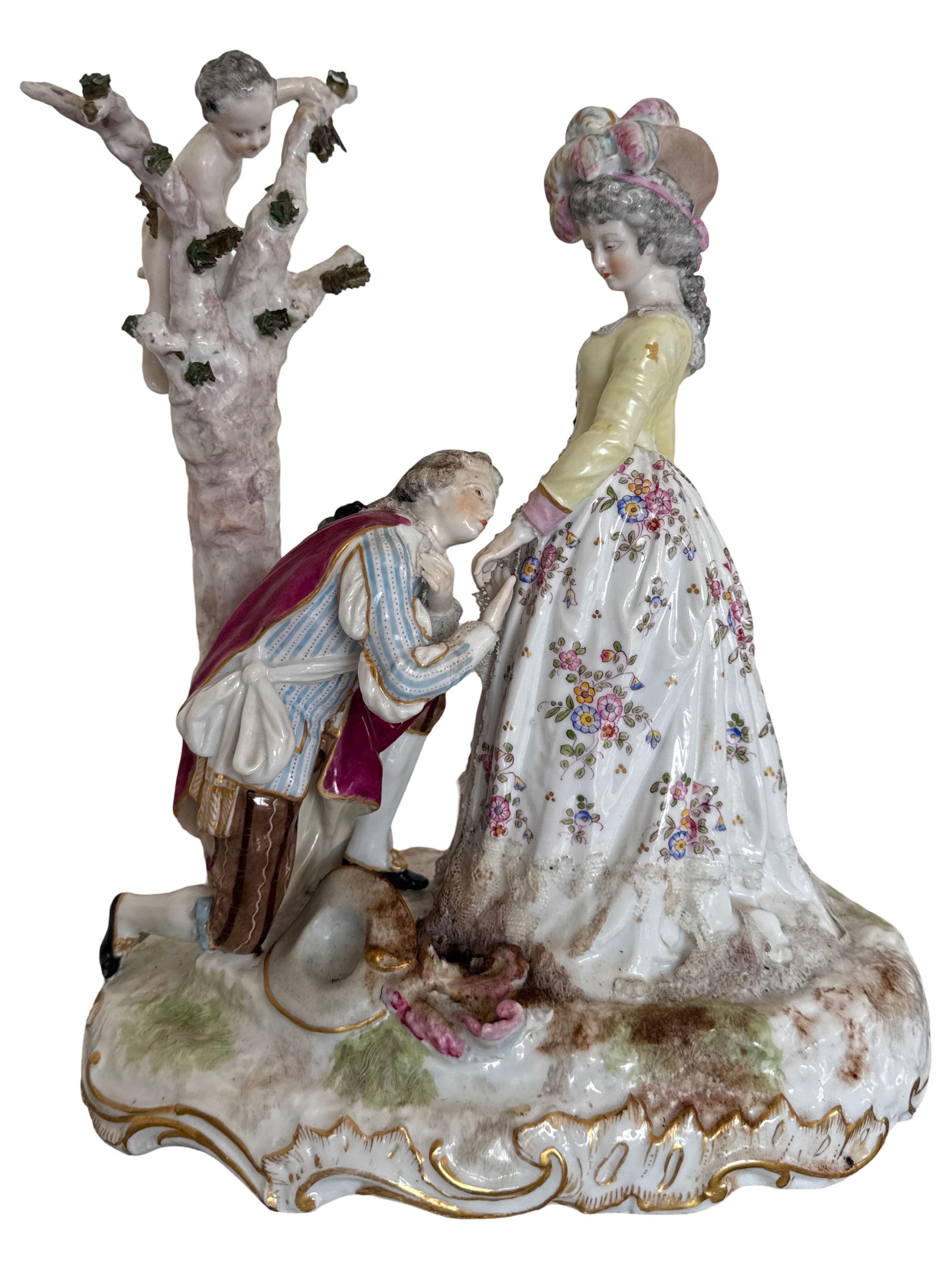 19th century Dresden porcelain figure group, modelled as a kneeling gallant before his maiden (1 of 5)