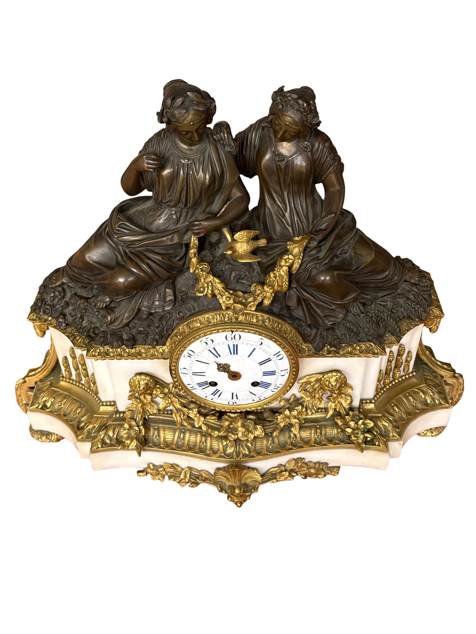 Large Antique French Bronze & White Marble Clock (1 of 6)