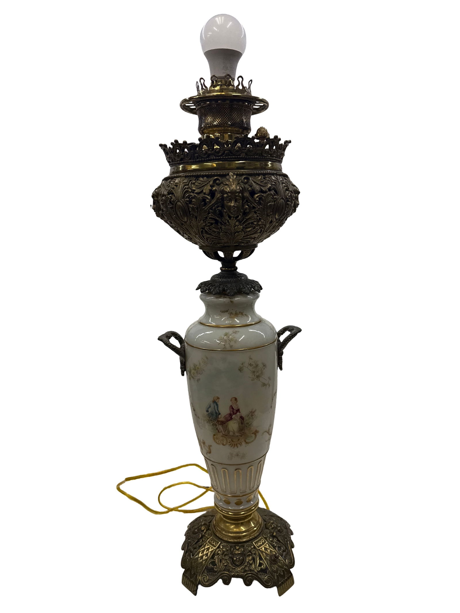 Antique Bronze & Hand Painted Opaline Glass Oil Lamp Converted: Antique Bronze & Hand Painted Opaline Glass Oil Lamp features delicate hand-painted scenes on a soft white opaline glass gradient. Originally crafted as a kerosene lamp, it has been elegantly converte