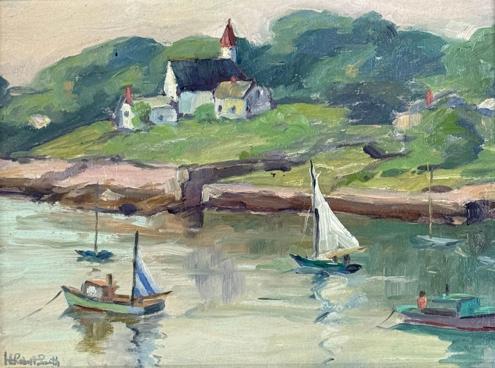 H. Robert Smith (1894-1972) “Pigeon Cove": H. Robert Smith (1894-1972) Oil on canvas board depicting popular neighborhood in Rockport, Massachusetts, piece signed lower left and on verso as well as titled “Pigeon Cove”, piece measures