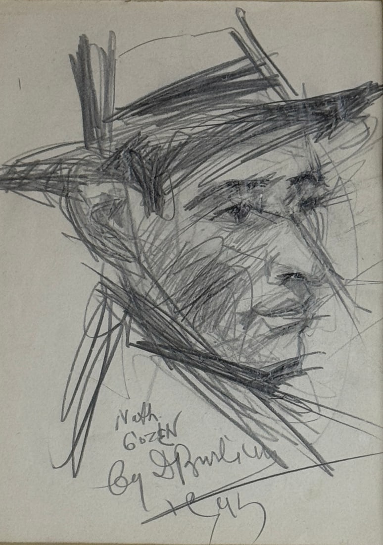 David Davidovich Burliuk (1882 - 1967) Portrait of Nath Gozen: David Davidovich Burliuk (1882 - 1967) Pencil on paper portrait of Nath GOzen, signed lower center and dated 45, piece measures 8.5 x 6 and 18 x 15.5 inches w/frame. David Burliuk is often called “t