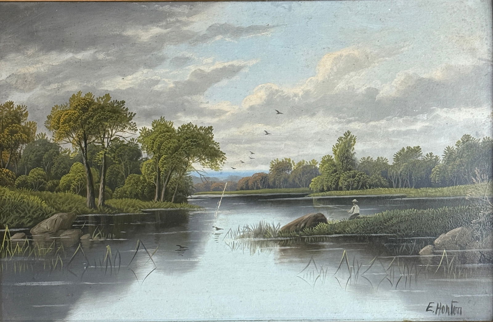 19th Century River Scene with Fisherman: 19th Century River Scene with Fisherman thought to be Etty Horton (1835 - 1905) British oil on board, piece measures 15 x 23.5 and 19.5 x 27 inches with well placed gold colored wood frame.