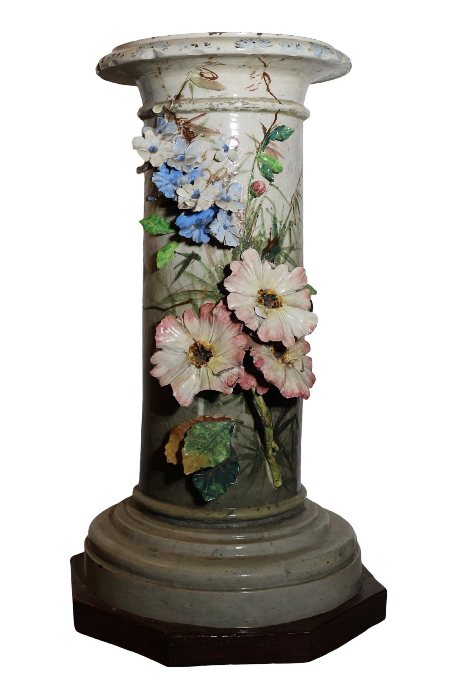 Antique art nouveau barbotine majolica column: Antique pair art nouveau barbotine majolica column Floral Encrusted , measures 28.5" x 15" D