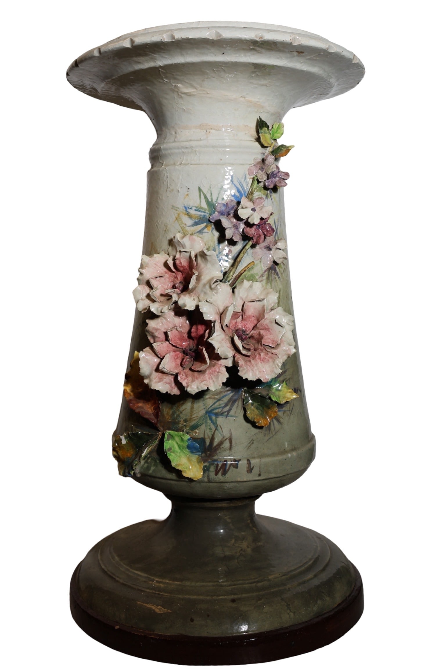 Antique art nouveau barbotine majolica column: Antique pair art nouveau barbotine majolica column Floral Encrusted , measures 28.5 H X 15"D