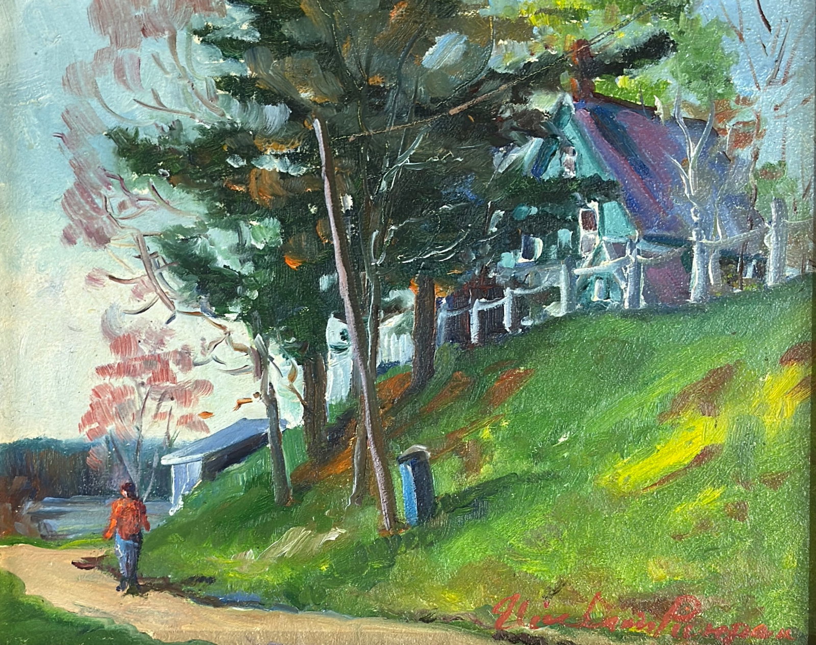 ELICE DAVIS PIEROPAN (Massachusetts, 1931-2013) “THE HOUSE ON THE HILL”: ELICE DAVIS PIEROPAN (Massachusetts, 1931-2013),“THE HOUSE ON THE HILL” (WOLFEBORO N.H.), OIL ON BOARD, SIGNED LOWER RIGHT, FRAMED, 8 X 10
