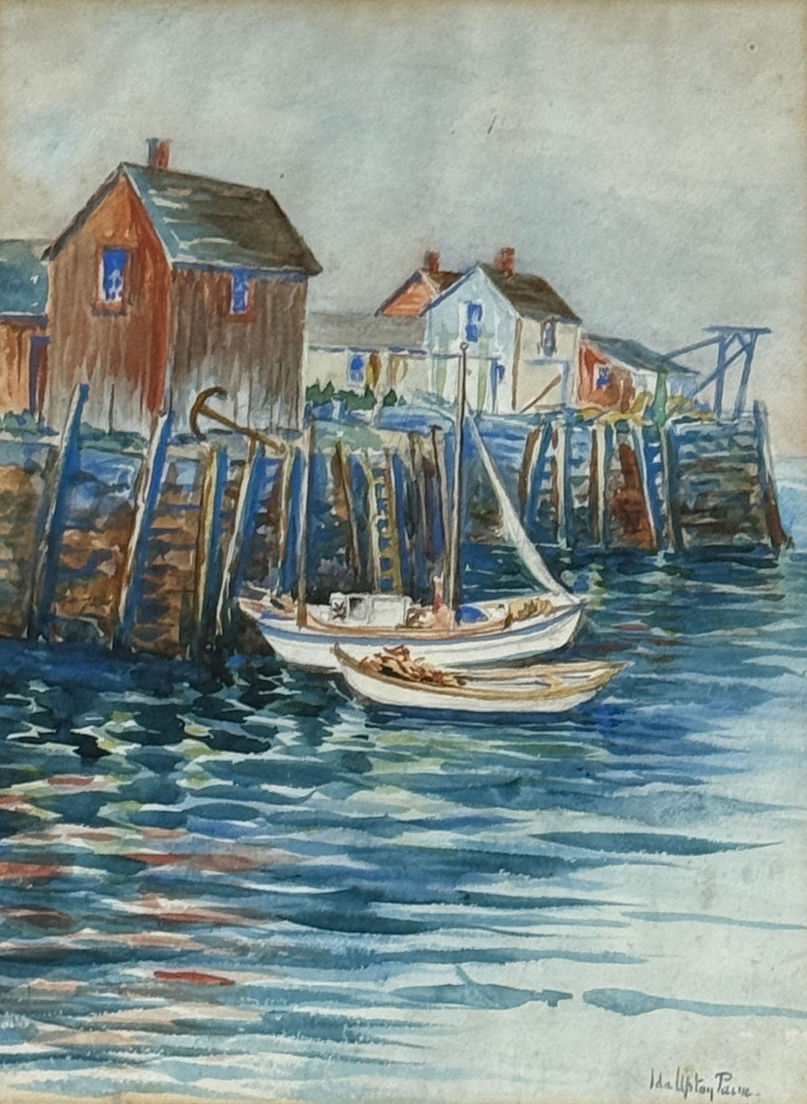 IDA UPTON PAINE (Massachusetts, 1860-1936) Motif #1: IDA UPTON PAINE (Massachusetts, 1860-1936) Watercolor on paper depicting boats docked at Motif #1, signed lower right, piece measures 11 x 8.5 and 18 x 14.5 inches w/frame. Artist was the firstborn da