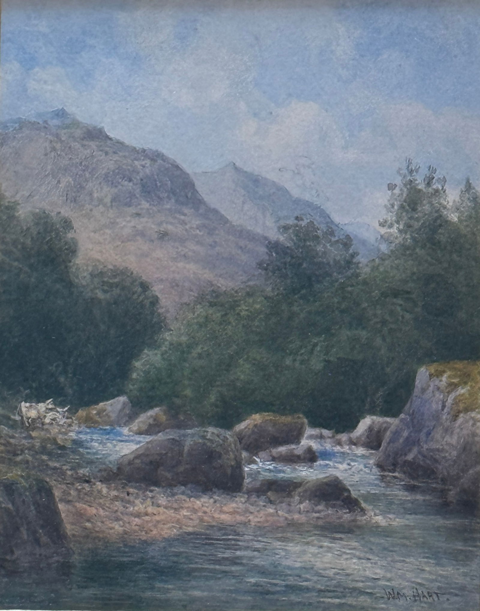 William Hart (1823 - 1894) American: William Hart (1823 - 1894) Watercolor and gouache, signed lower right, measures 7 x 5 and 14 x 12 inches w/frame. James and Marion Hart and seven of their children, including James M. Hart age 1 yr.,