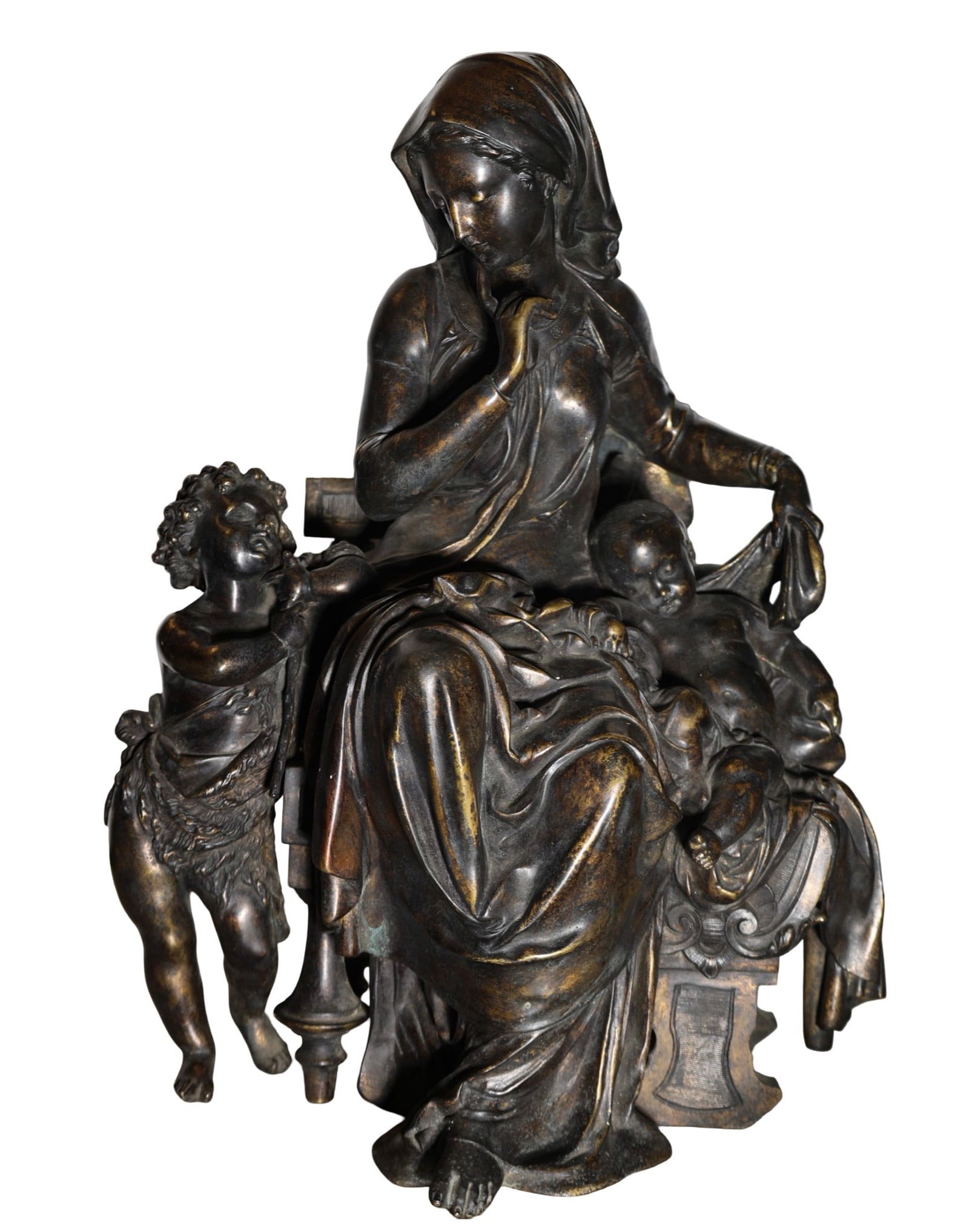 Anna Carrier (19th century) Bronze Sculpture Of Classical Woman & Children: Anna Carrier (19th century) Bronze Sculpture Of Classical Woman & Children A striking depiction of a woman in classical Roman dress caressing two children in her arms, one of whom has a rosary over hi