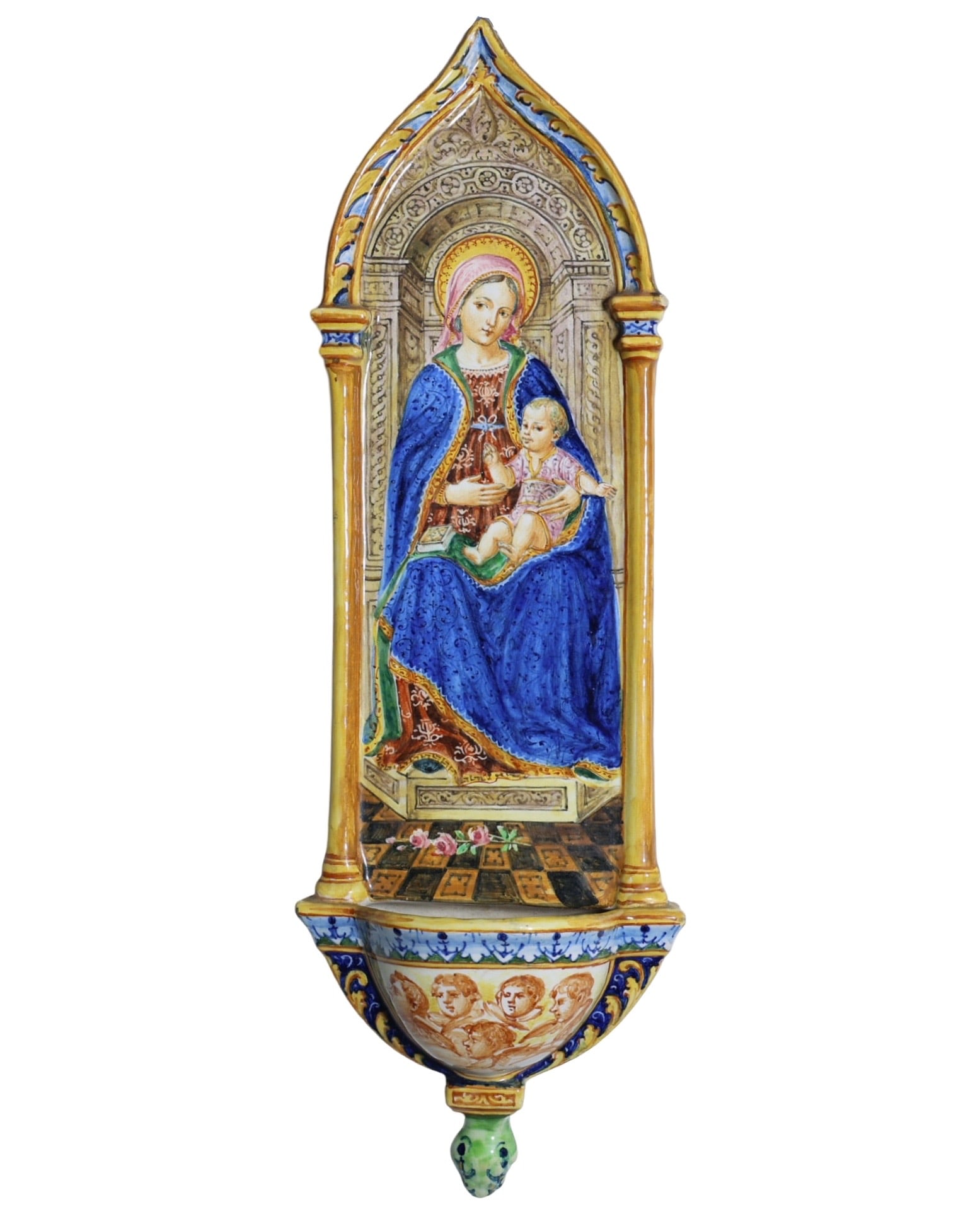 Antique Majolica Porcelain Holy water Baptism font: Majolica Holy water font in the shape of a shrine Depicting Madonna and Child, measures 17”x5.5”