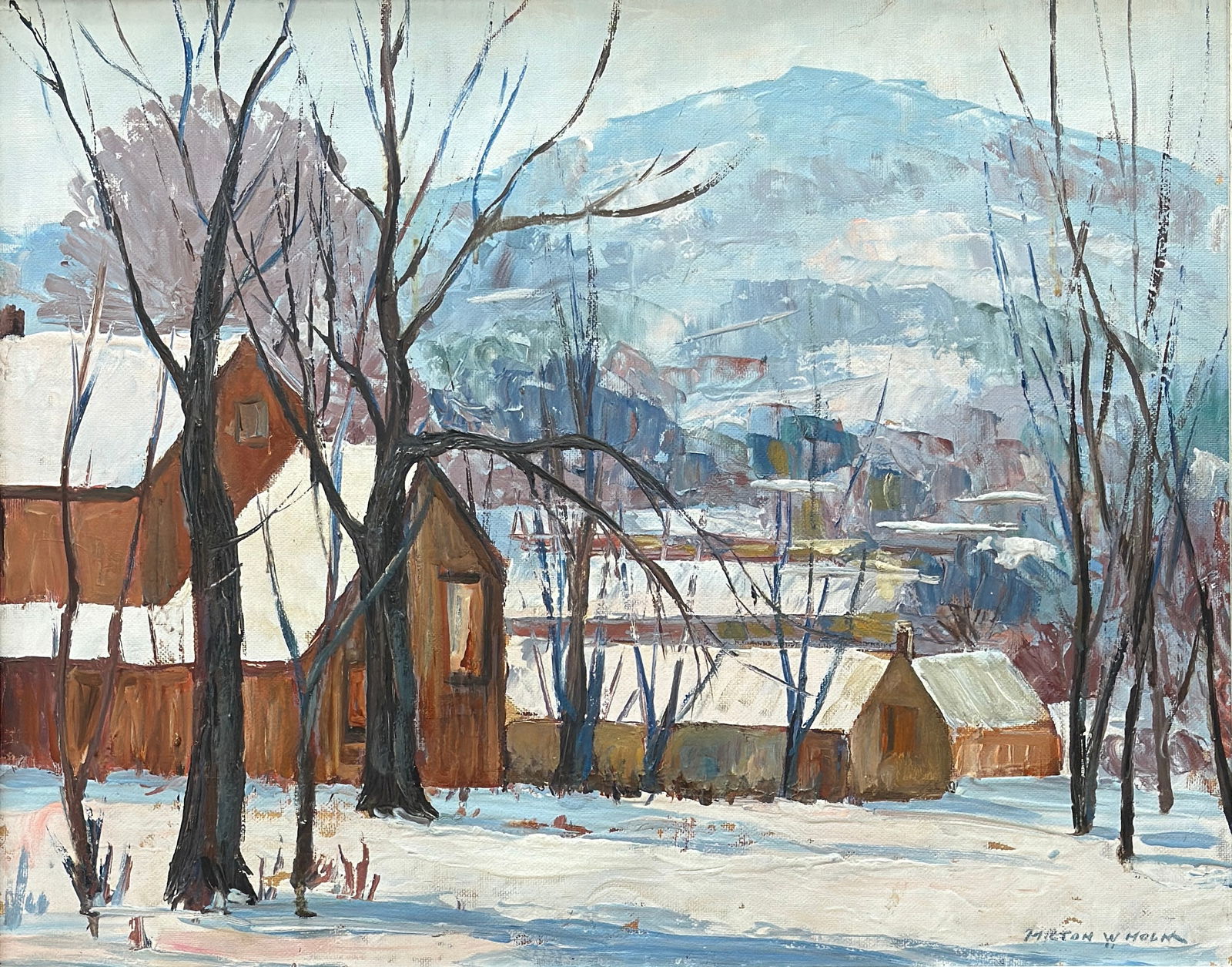 Milton W. Holm (1903 - 1999) American: Milton W. Holm (1903 - 1999) Oil on board, signed lower right. Measures 16 x 20 and 19 x 23.5 inches w/frame. Artist Bio - Milton W. Holm, mainly known as a significant painter in Rochester, New York,
