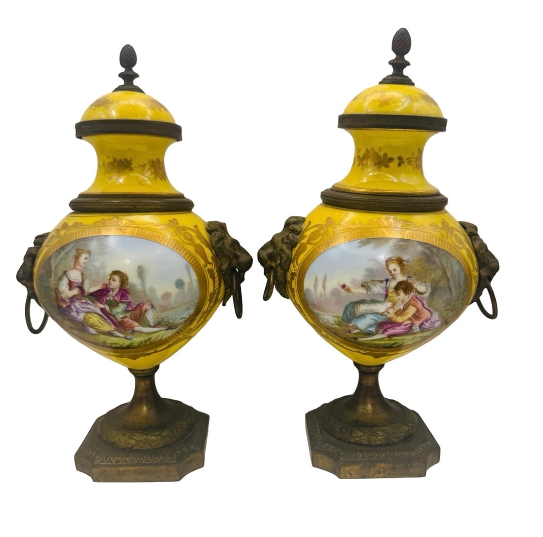 19th Century Pair of Sevres Style Porcelain Brass Mounted Hand Painted Vases (1 of 4)