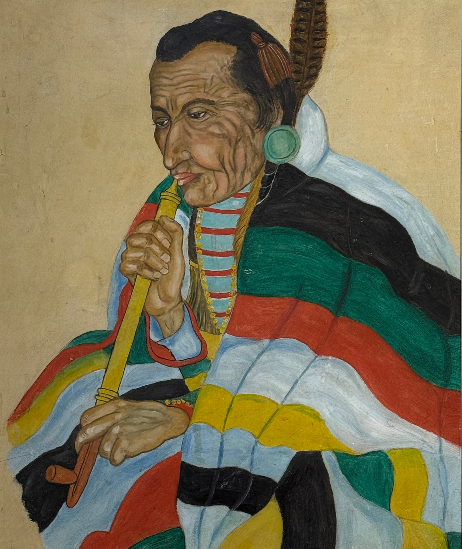Study of a Blackfeet Indian, 1920: Study of a Blackfeet Indian, 1920, dated 1920 on verso, Watercolor on paper, image size 18 x 15 inches, overall framed dimensions 28 x 25 inches with hand etched and colored wood frame.Dallas, Texas C