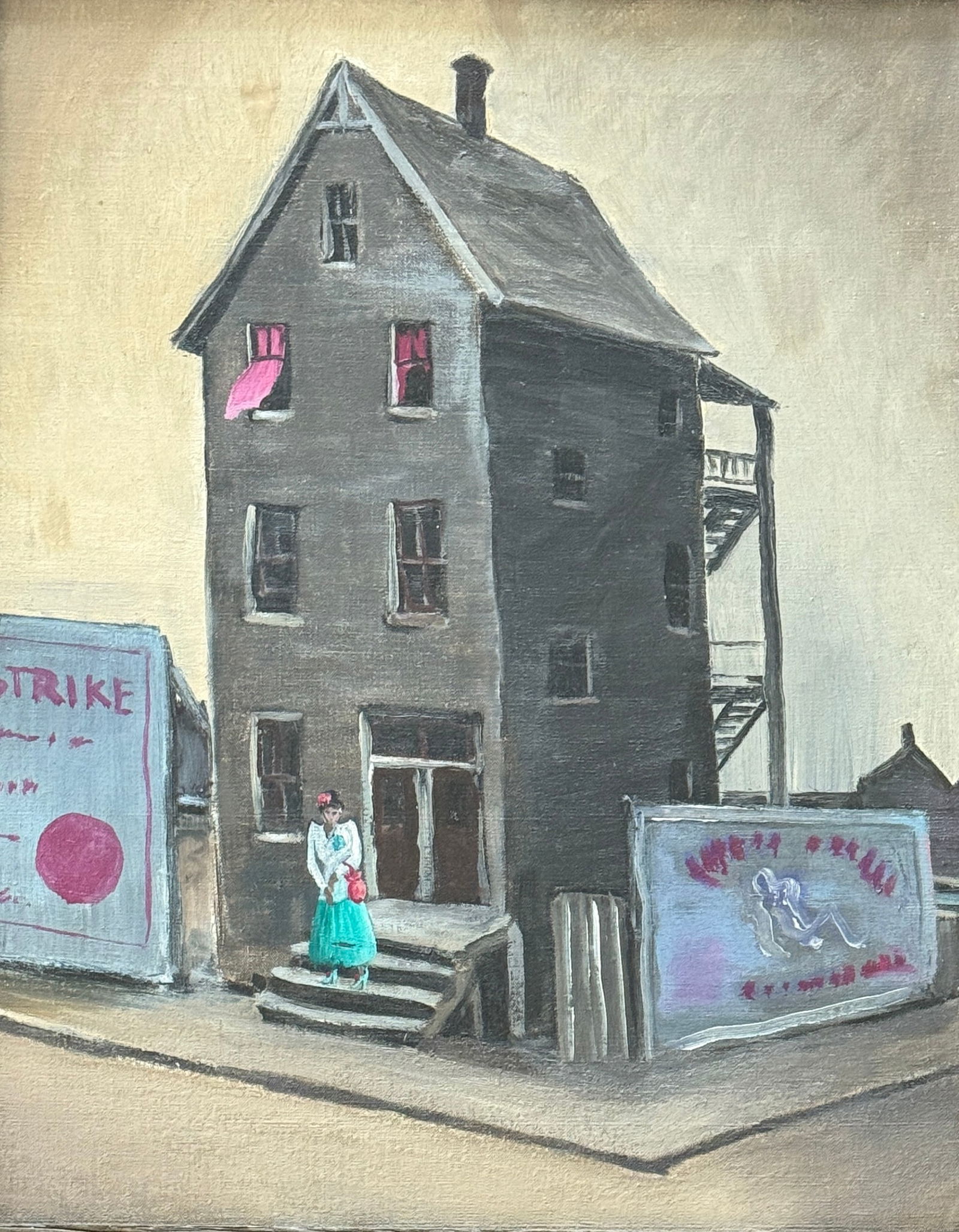 Suffragette Oil painting: Suffragette Oil painting depicting house with Strike posters and pink colors, piece measures,