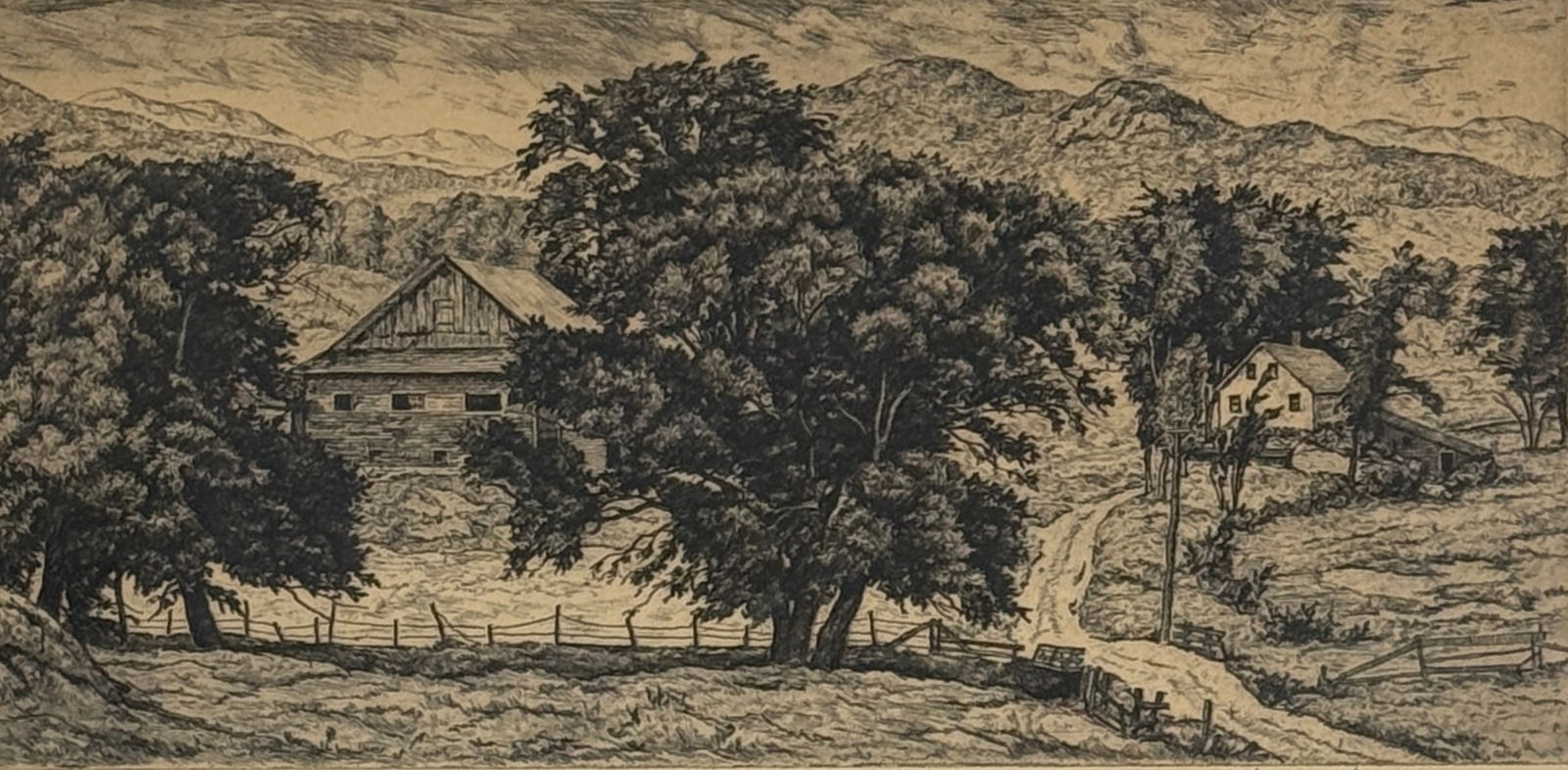 Luigi Lucioni (1900 - 1988) "Vermont Pastoral": Luigi Lucioni (1900 - 1988) Etching on paper titled “Stowe Hollow, signed in pencil in lower right corner “Luigi Lucioni", piece measures 6.75 x 12.75 and 11.25 x 16.25 inches w/ frame.