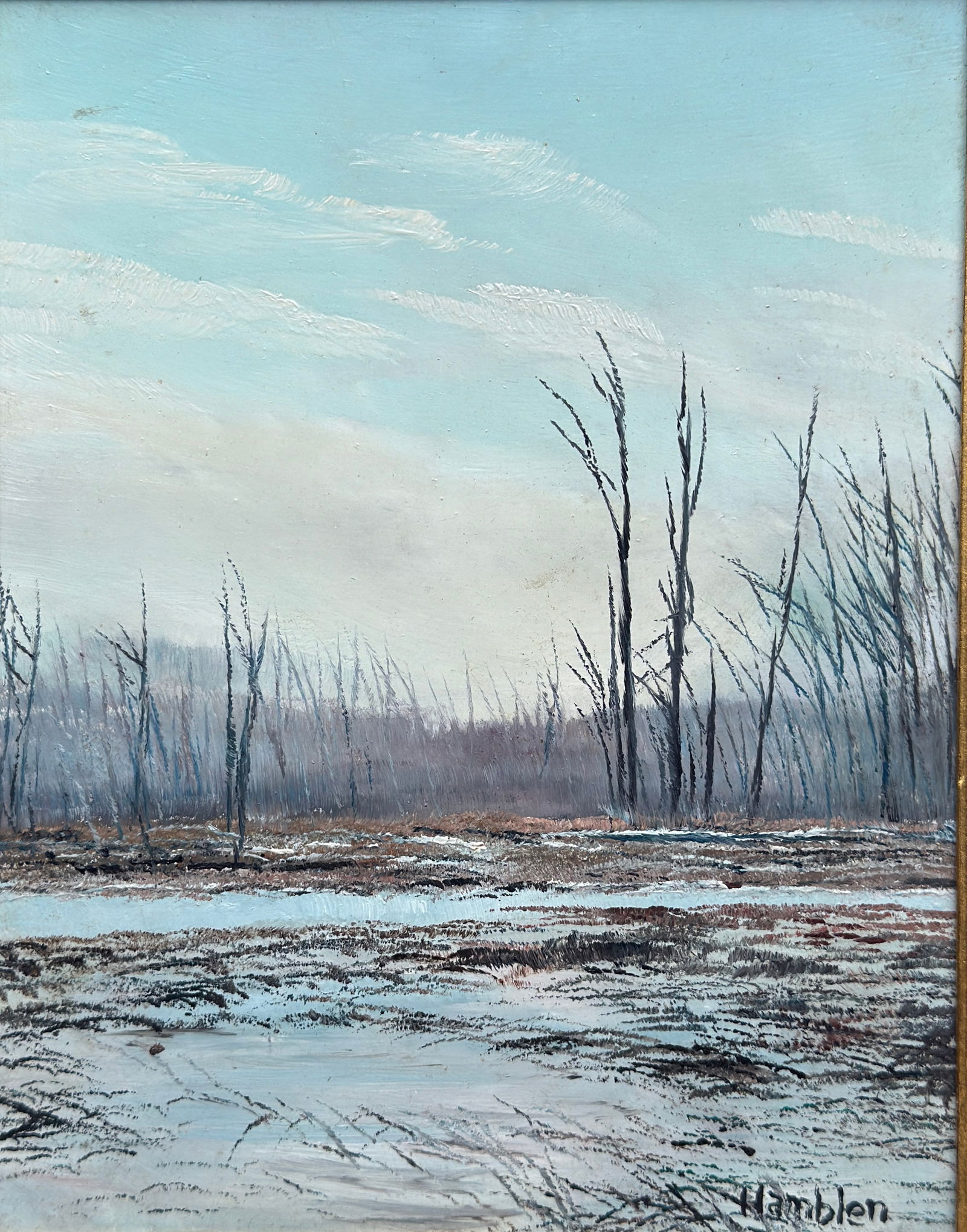 Robert Hamblen (1932 - 2017) American: Robert Hamblen (1932 - 2017) Oil on board, signed lower right, piece measures 7 x 5.5 and 8 x 6.5 inches w/frame. Robert Hamblen was a self-taught American landscape painter. The artist describes his