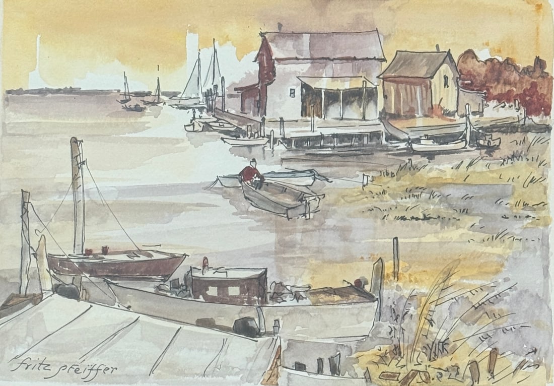 Fritz Wilhelm Pfeiffer (1889 - 1960) American: Fritz Wilhelm Pfeiffer (1889 - 1960) Mixed Media on paper, signed lower left, measures 9 x 7 and 15 .5 x 13 inches w/frame. Born in Gettysburg, PA in 1889, Fritz Pfeiffer studied with Hugh