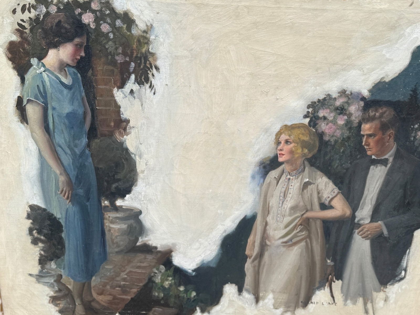 Gerald Leake (1885 - 1975) LONDON: Gerald Leake (1885 - 1975) OIL ON CANVAS, SIGNED LOWER RIGHT, MEASURES 49 X 39 INCHES.Born in London, England, Gerald Leake immigrated to the United States at the beginning of the twentieth century,