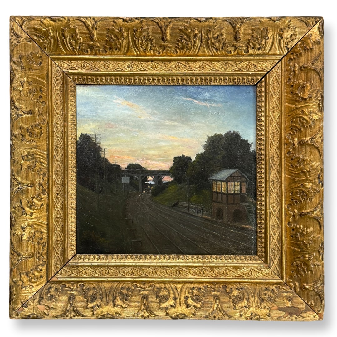 Frands Frandsen (1885 - 1979) "The Track Terrain seen from M.P. Bruuns Bridge": Frands Frandsen (1885 - 1979) Oil on masonite board depicting "The Track Terrain seen from M.P. Bruuns Bridge" as labeled on verso, signed lower left in monogram, piece measures 9 x 8 1/2 and 13 x 13.