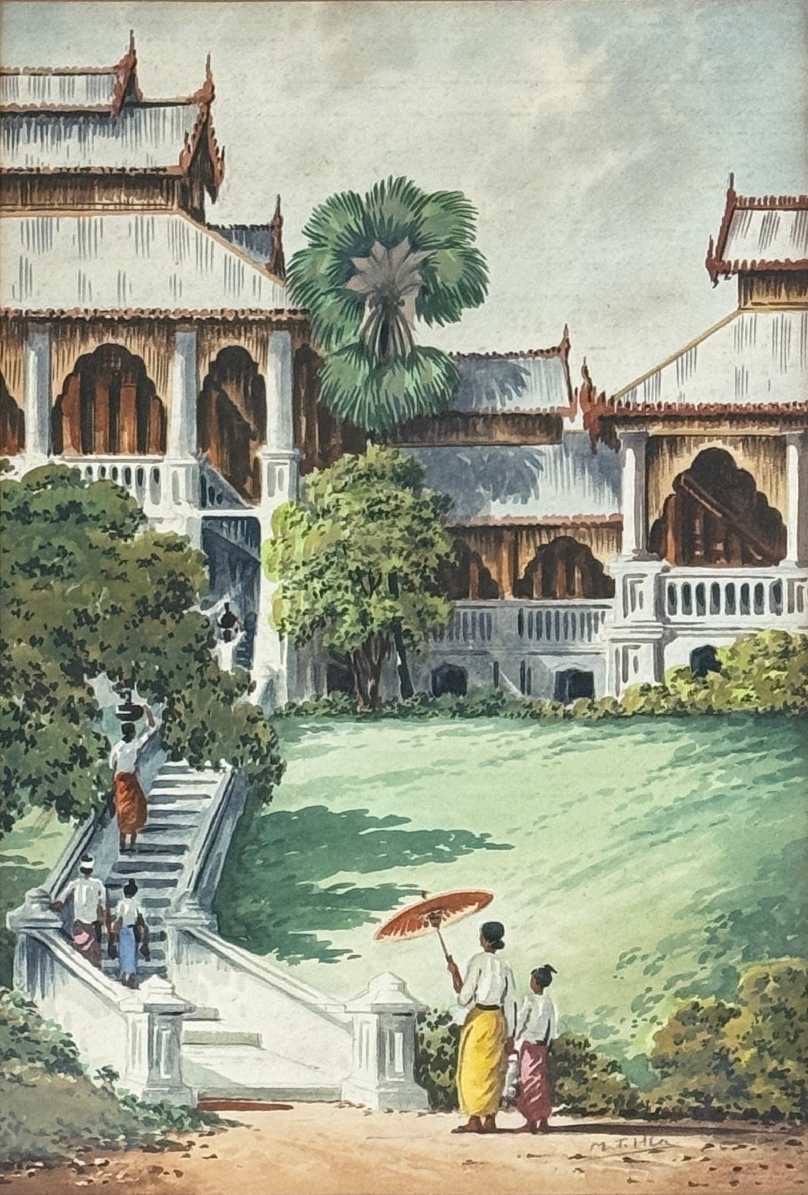 Mg Tun Hla (1874 - 1946) Myanmar, Indonesia: Mg Tun Hla (1874 - 1946) Watercolor on paper, signed lower right, measures 13.5 x 9 and 20 x 15 inches w/frame. M T Hla was one of the first and most important Burmese artists who painted in Western