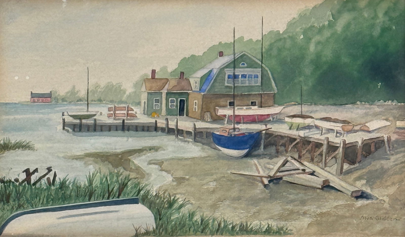 Alva Glidden (1895 - 2000) American: Alva B Glidden (1895 - 2000) Watercolor on paper, signed lower right, measures 7 x 12 and 14 x 18 inches w/frame.