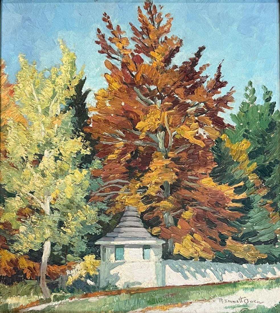 Robert Emmett Owen (1878 - 1957) "Connecticut Church": Robert Emmett Owen (1878 - 1957) Oil on canvas board, titled "Connecticut Church", Signed bottom right, measures 12 x 10.5 inches and 16 x 14 inches w/ frame. Robert Emmett Owen was a successful artis