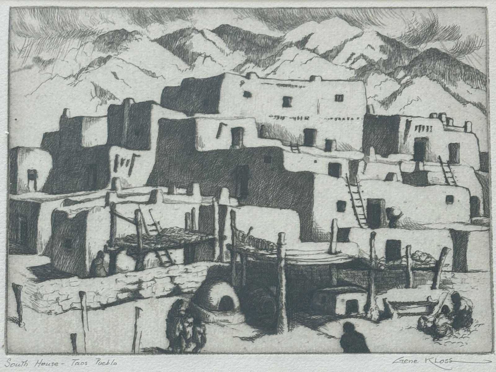 Alice Gene Kloss (1903 - 1996) American: Alice Gene Kloss (1903 - 1996) 6.5" x 8.5" w/f 15" x 16". Born in Oakland, CA on July 27, 1903. Gene Glasier was introduced to etching by Perham Nahl at UC Berkeley where she graduated in 1924. After