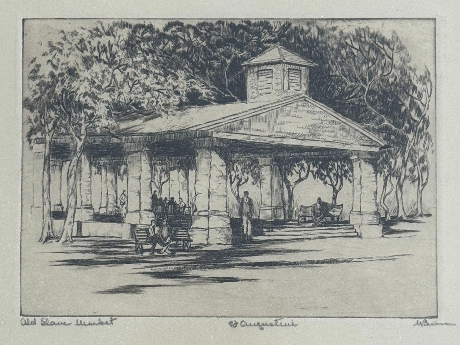 "Old Slave Market" St Augustine Signed Etching: "Old Slave Market" St Augustine Signed Etching Unknown Artist, measures 5.5"x4.5" w/f 10"x9"