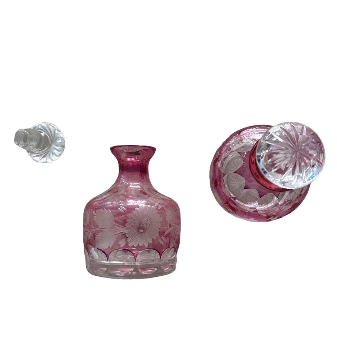 Pair Bohemian ruby flashed cut to clear Decanter - 2