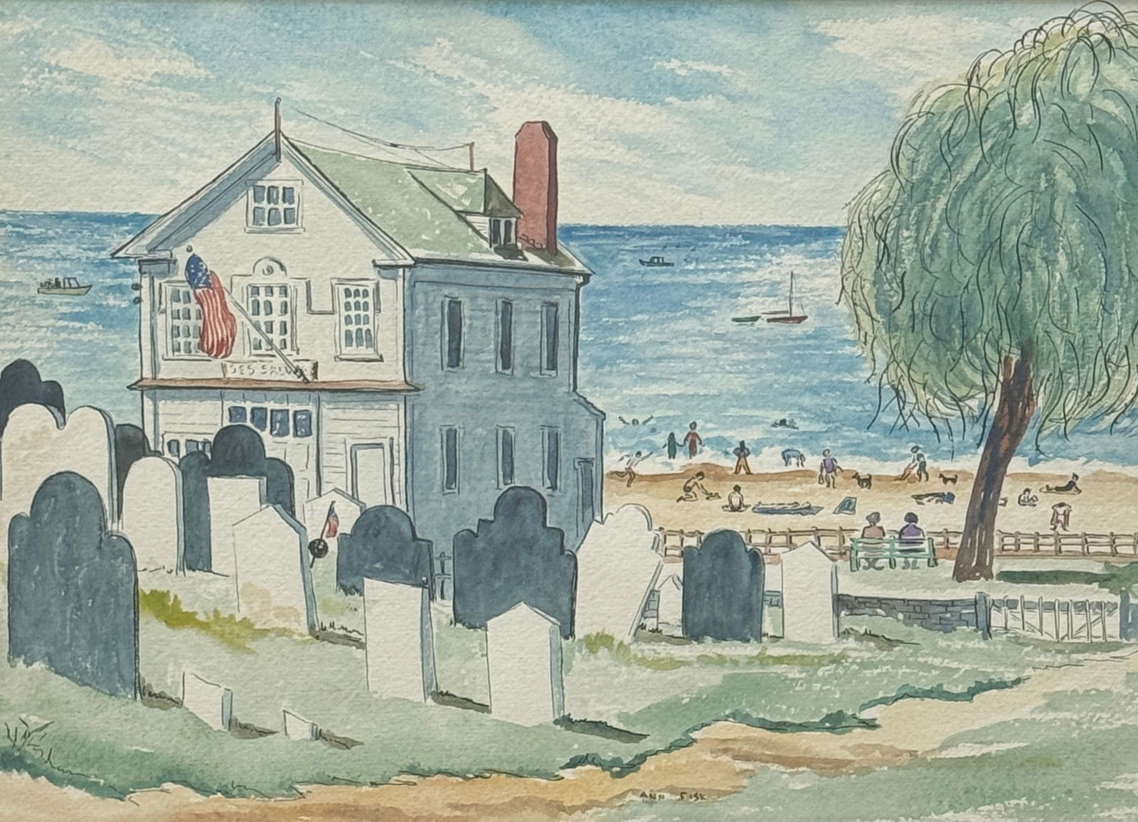 ANN LINDENMUTH FISK (1929-2009) American: ANN LINDENMUTH FISK (1929-2009) Watercolor on paper, signed lower mid, Measures 9,5" x 13" w/f 18" x 21"Ann Warren Lindenmuth was born in Newton, Massachusetts on September 12, 1929, the daughter of