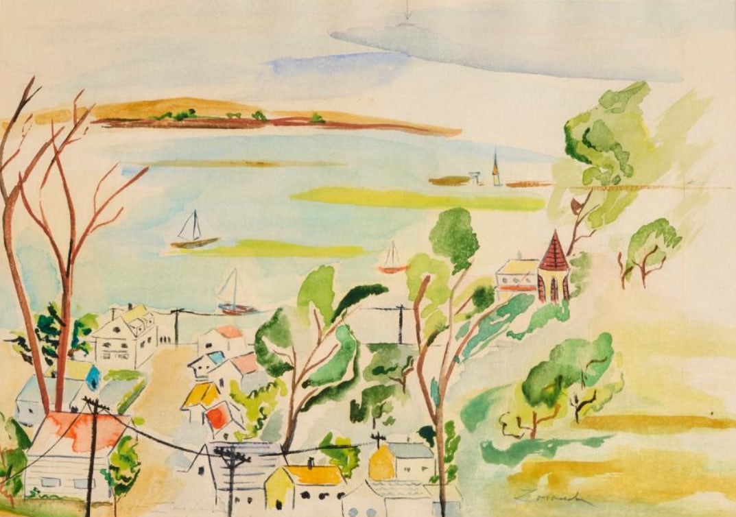 William Zorach (1887-1966) Penobscot Bay, Maine: William Zorach (1887-1966) Penobscot Bay, Maine, signed twice in ink along lower sheet, matted and framed under glass, piece measures 14 x 19 and 26 x 30 inches w/frame. Landscape, watercolor on