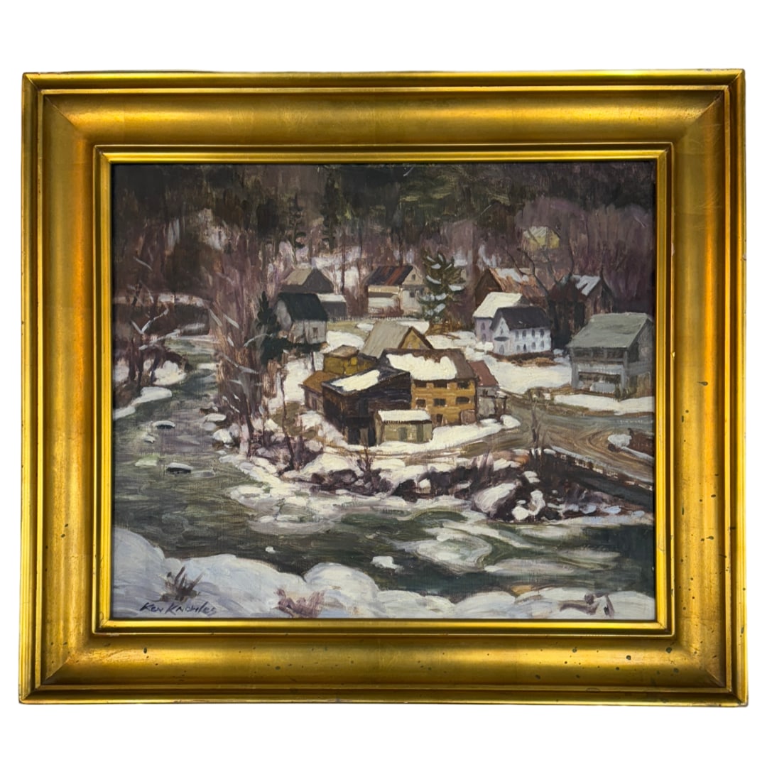 Ken Knowles (Born 1968) "River Town in Winter": Kenneth Knowles (Born 1968) Oil on board depicting and rightfully titled "River Town in Winter", signed lower left, piece measures h. 20 w. 24 in.and 26-3/4 x 30 in. (frame). Ken Knowles has been
