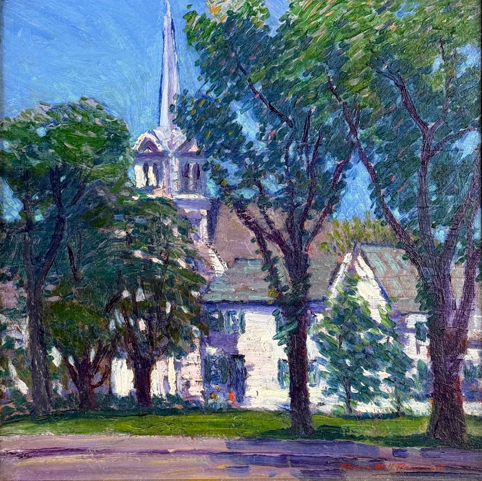 Morris Hall Pancoast (1877-1963) "The Village Church": Morris Hall Pancoast (1877-1963) Oil on board depicting the VIllage Church in Rockport, signed lower right and on verso twice as well as retaining two labels from the Boston Art Club and one from the