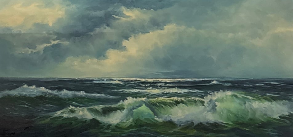 Evelyne Regina MacCourt ( 1904-2002 ) Wind Swept Sea: Evelyne Regina MacCourt ( 1904-2002 ) Wind Swept Sea, Oil on board, Signed, Measures . Estate of Mary L Scuderi.Togetherness keynotes the art work of Evelyne and Winn MacCourt, husband and wife painti