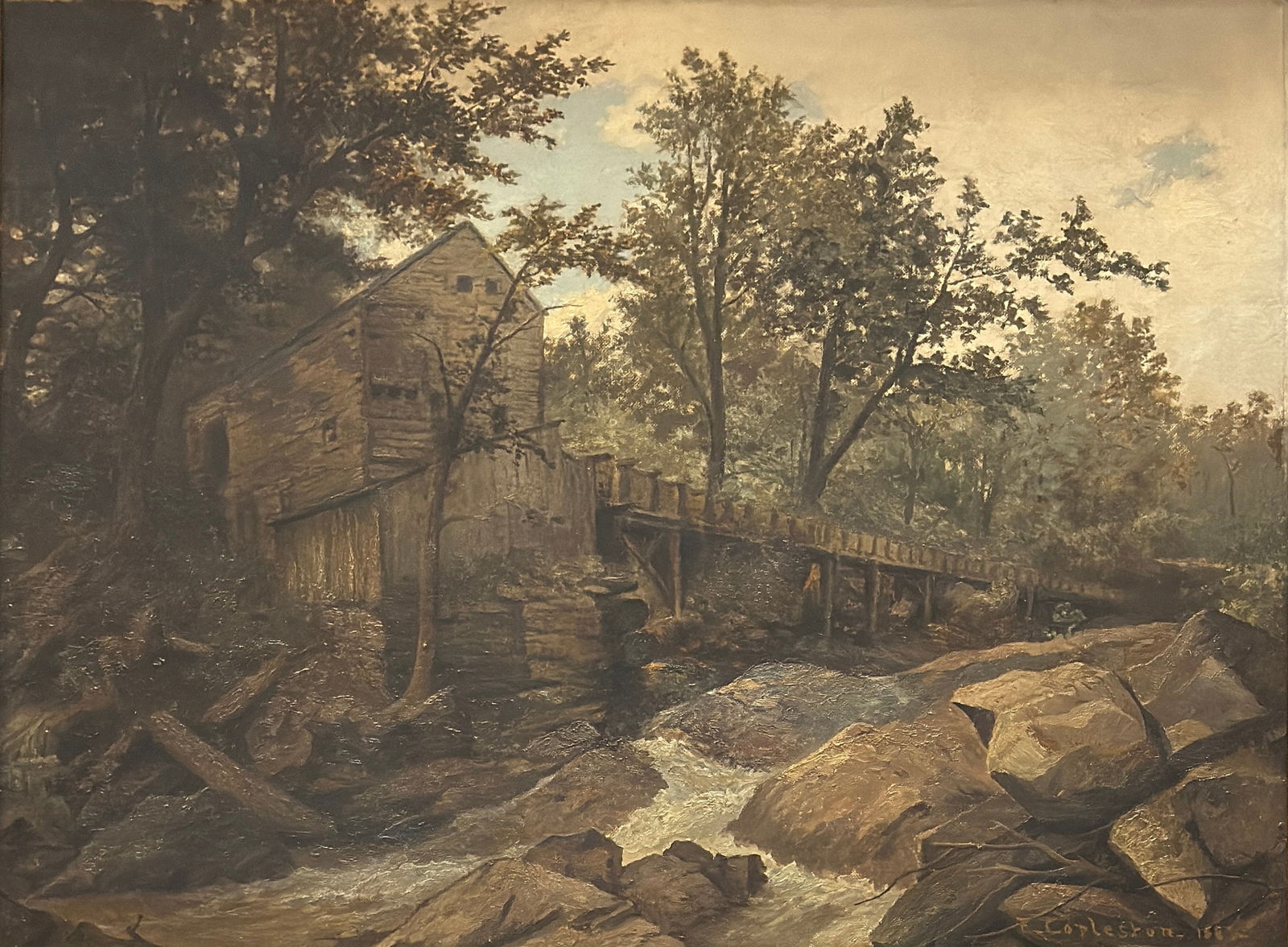 E. Coplestone Signed 1887 "Old Mill": E. Coplestone Signed 1887 Old Mill By The River, Oil on Canvas measures 24"x30"
