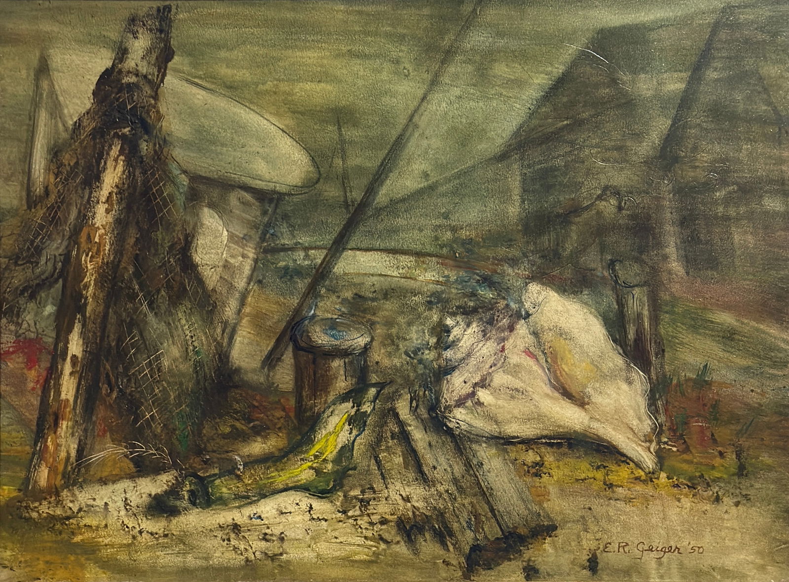 Edith Rogers Geiger (b.1912) American: Edith Rogers Geiger (b.1912) Modernist Wharf Scene with Shell, Oil on masonite, signed and dated lower right 50'. Measures 12 x 16 and 15 x 20 inches w/frame. was active/lived in Florida,